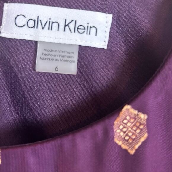 Calvin Klein Tie Cuff Long Sheer Balloon Sleeve Mini Dress Purple Gold Sz 6 NEW