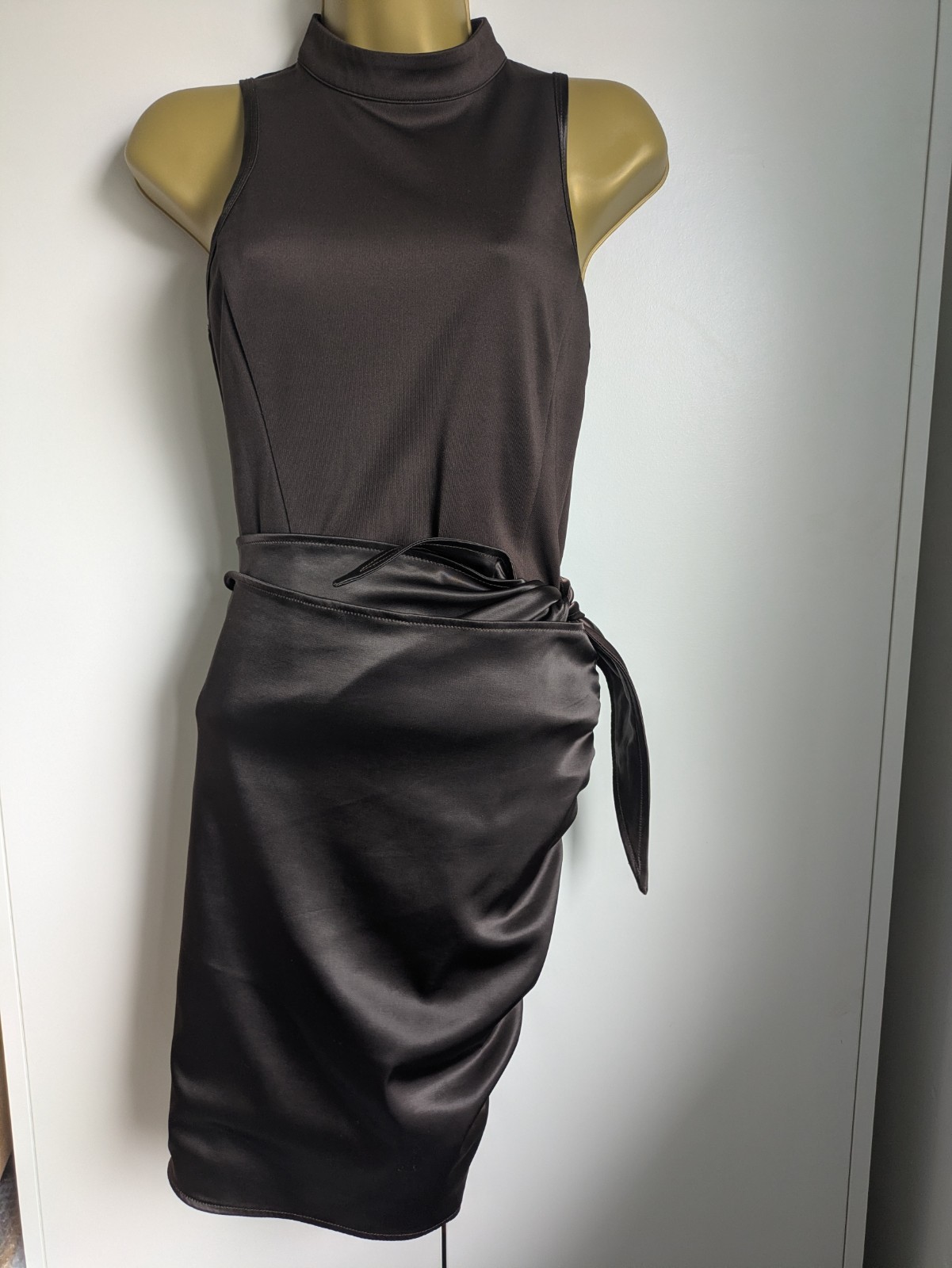 Maniere De Voir Size 8 Brown Neoprene & Satin High Neck Wrap Bodycon Mini Dress