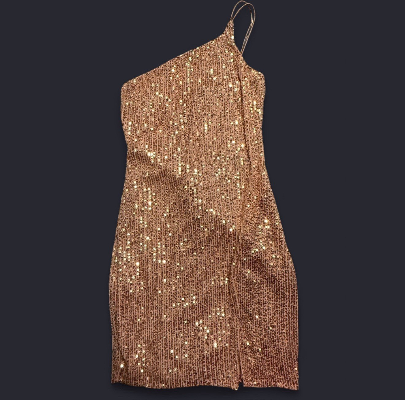BLUSH ONE SHOULDER SEQUIN MINI PARTY DRESS, SIZE XS, CHEST 25 IN, LENGTH 32 IN