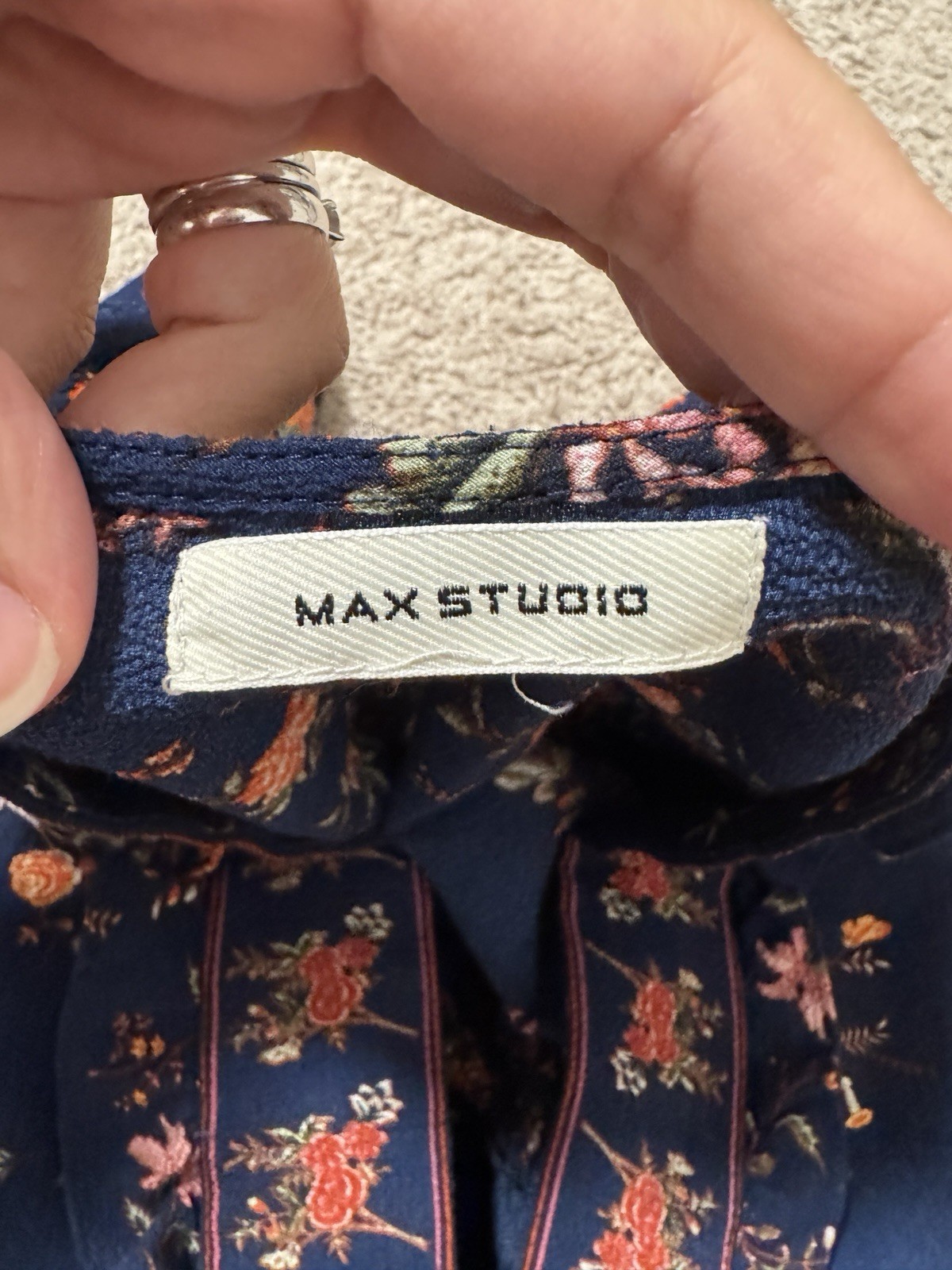 Max Studio Floral Print Ruffle Dress Navy Blue Smocked Waist Midi size M/L