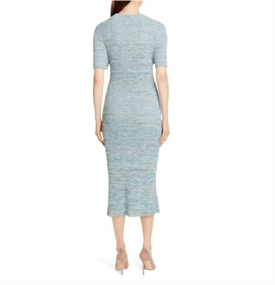HUGO BOSS FIRSTANA SHORT SLEEVE KNITTED MULTI COLOR MOULINE FABRC MIDI DRESS L