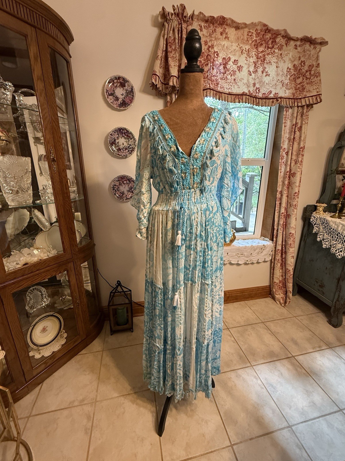 Blue White Boho Maxi Dress Size M Embroidered Lace Tassel Cottagecore Beach
