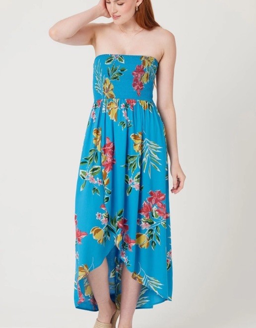 Patron Of Peace Floral Strapless Midi Dress Sz L Blue Smocked Hi-Low Beach Boho