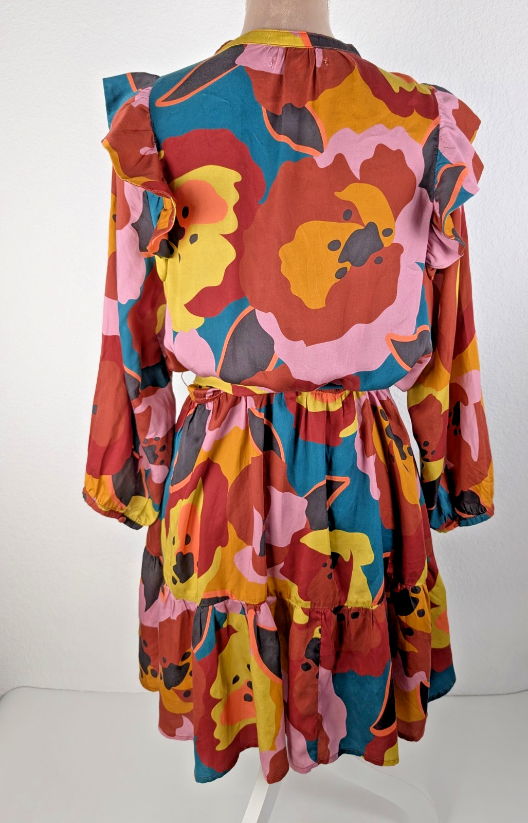 Marine Layer Elise Exploded Floral Mini Dress Tiered Ruffle Sz L Colorful Art