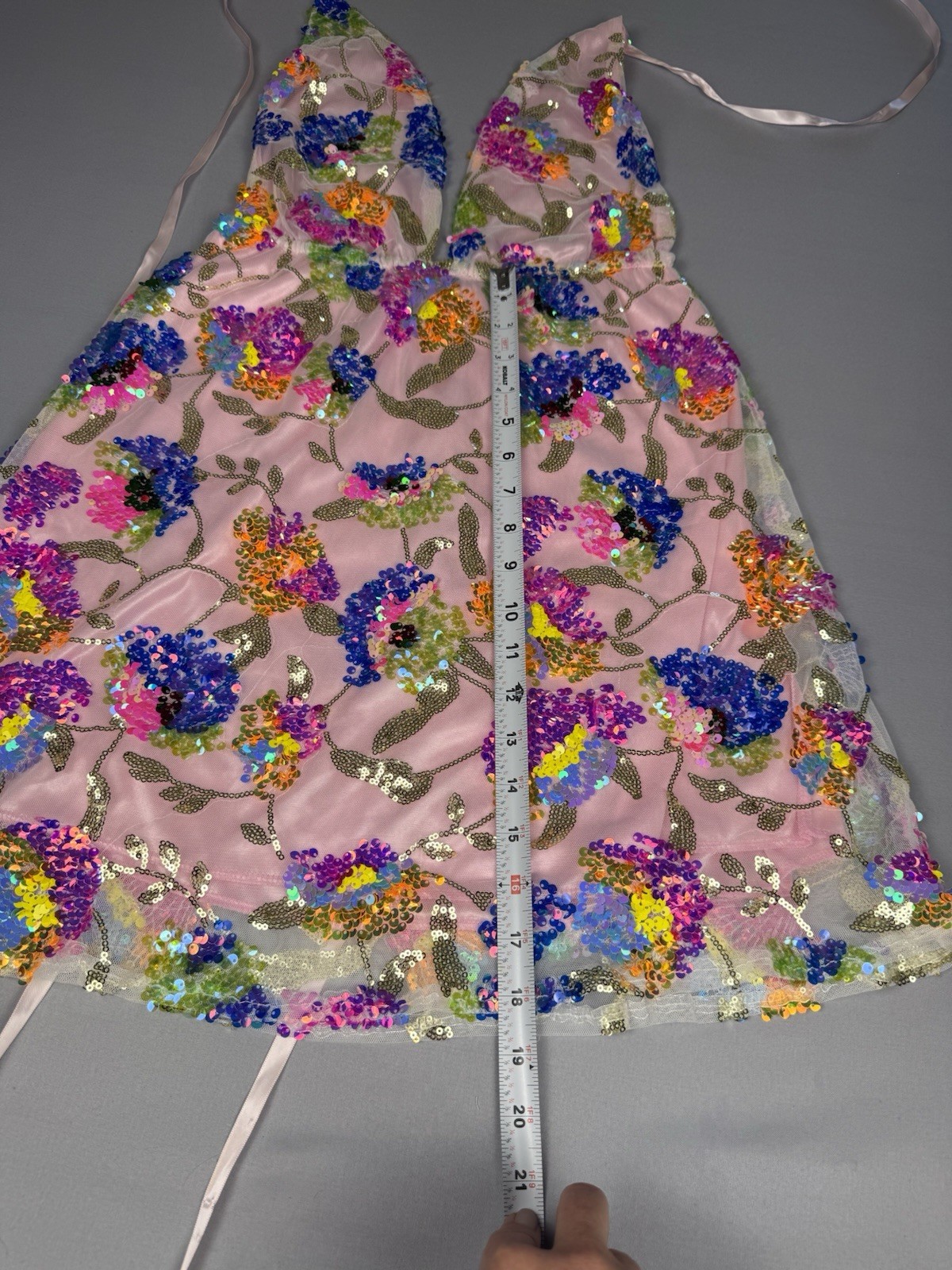 Pink Sequin Floral Mesh Mini Dress Open Back Tie Straps Festival Party Size S