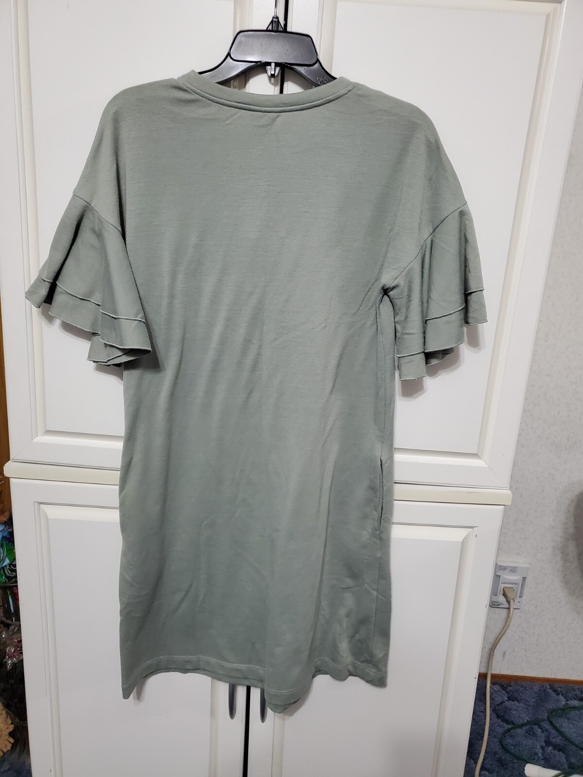 Violet Weekend Small Shift Dress Sweat Pearls Beaded Ruffle Sleeve Pockets Y-14