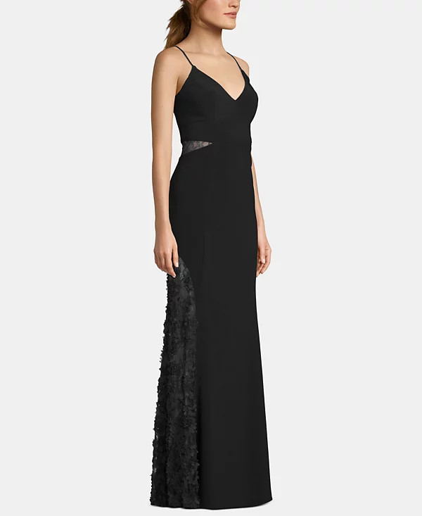 BETSY & ADAM Petite Adjustable Strap Sheer Lace Contrast V-Neck Trumpet Gown, 2P