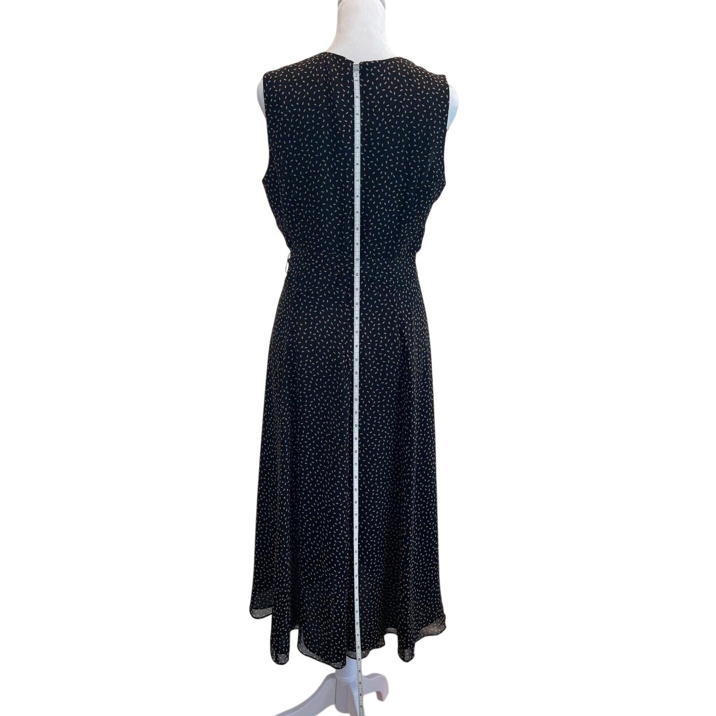 Talbots Petites Pure Silk Sleeveless Midi Wrap Dress Dot Print Black Tan Size 8P
