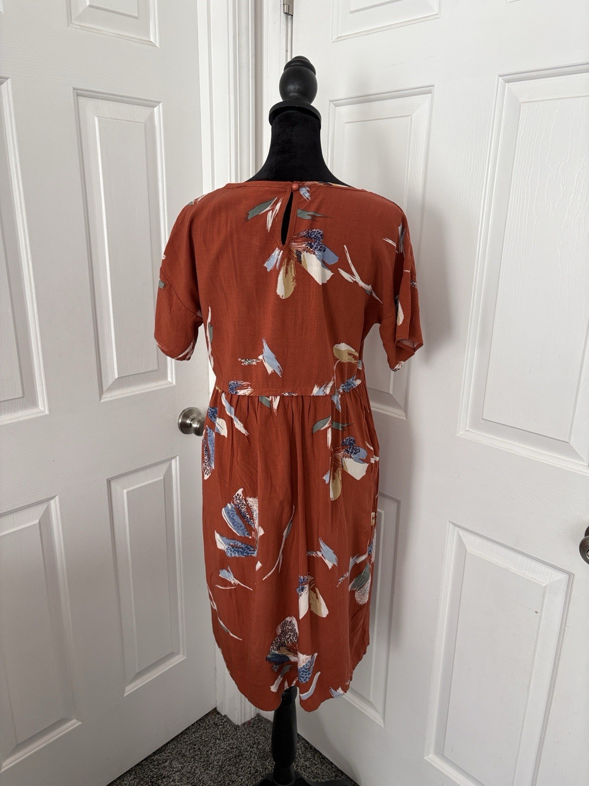 DownEast Rust Floral Midi Dress with Blue & Cream Accents