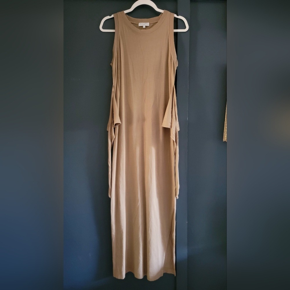 Michael Stars Solange Tie Detail Stretch Side Slits Maxi Dress Small Tan Brown