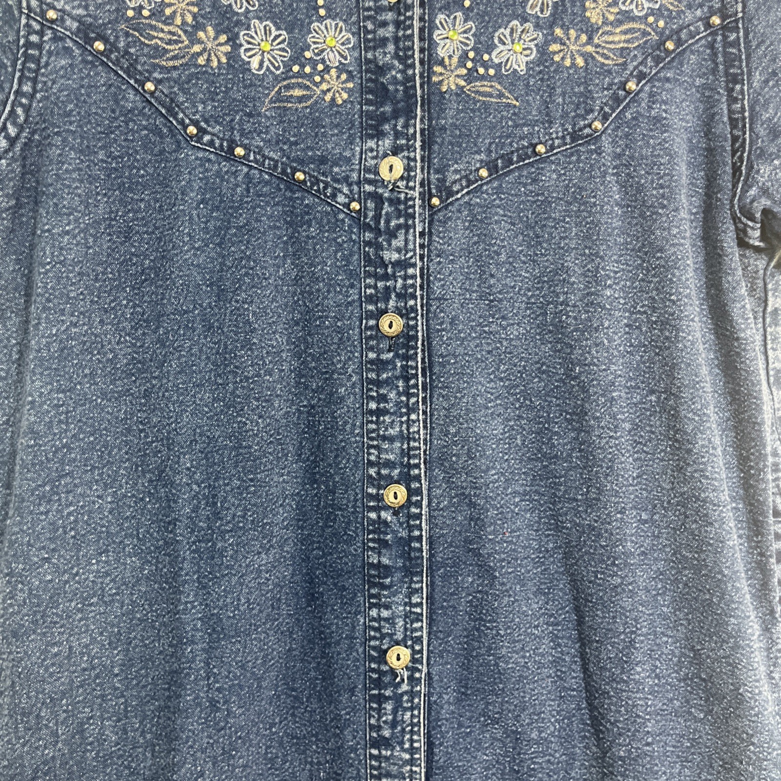 JANE ASHLEY Denim Dress M/L Pockets Floral Embroidered Cottage Peasant 90s VTG