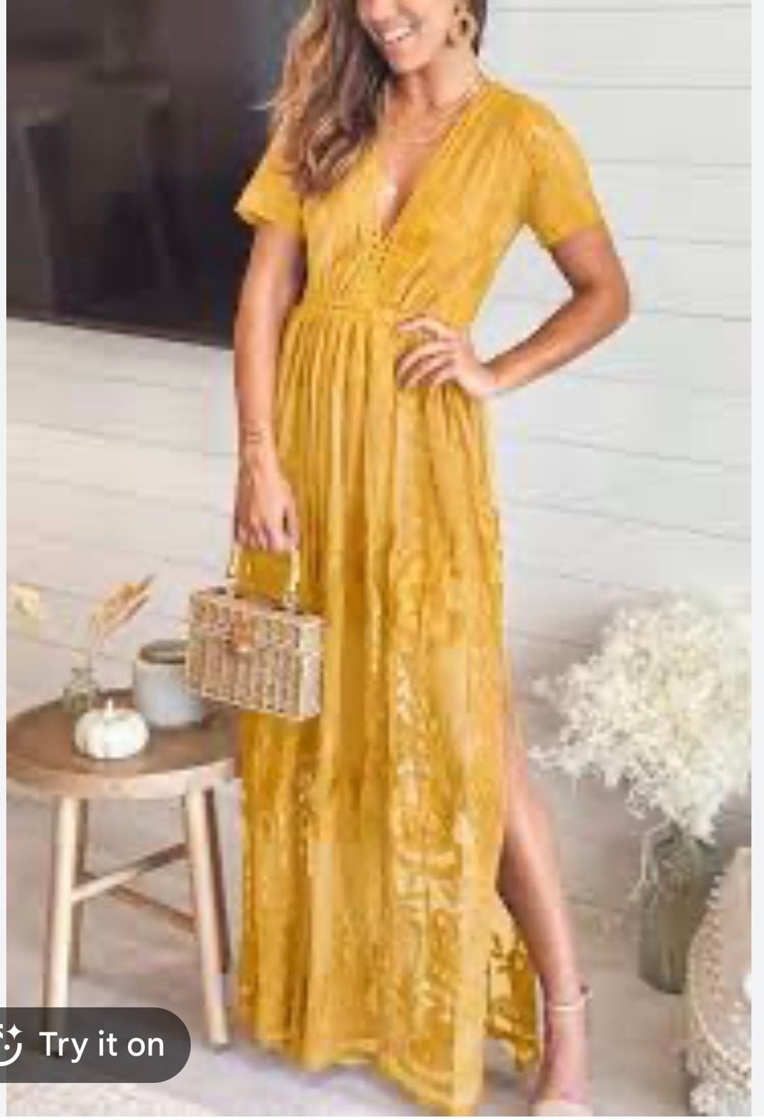 Dress Day Women’s Mustard Yellow Floral Lace V-Neck Boho Maxi Dress