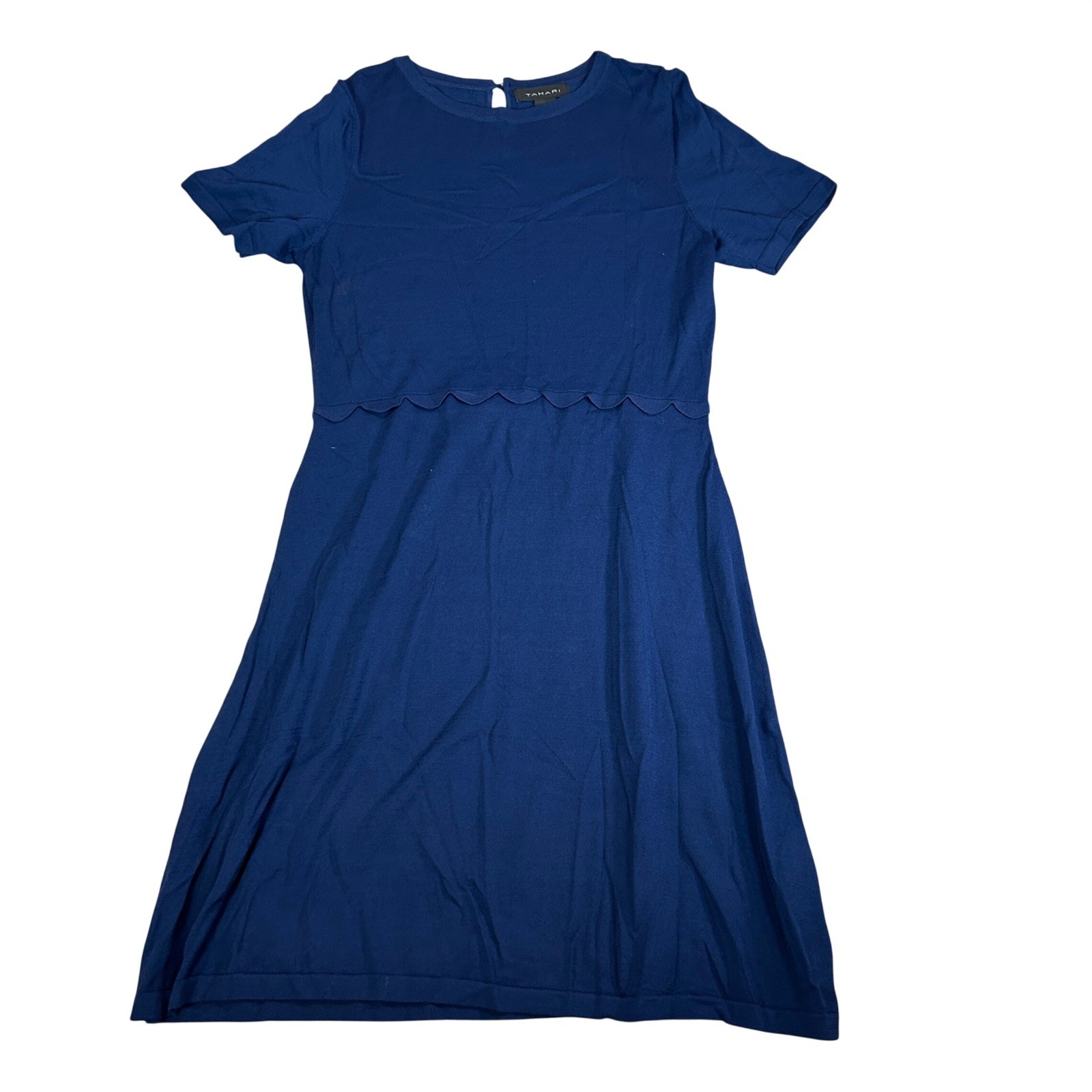 Tahari Womens XL Royal Blue Scalloped Waist Knit Fit Flare Dress Short Sleeve
