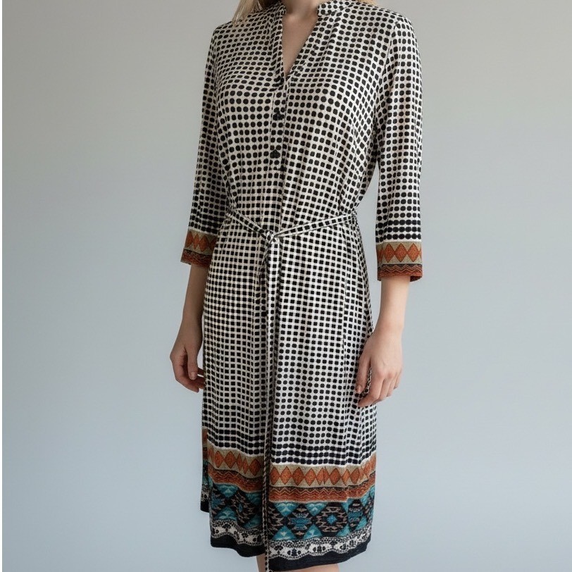 Mile Gabrielle Shift Dress M Polka Dot Print 3/4 Sleeve Belted Geometric Trim