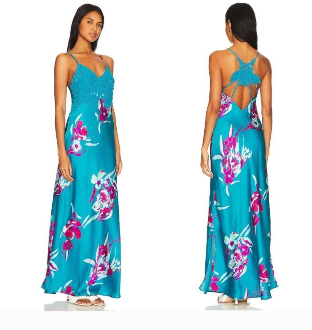 FREE PEOPLE Forever Yours Lace Satin Floral Maxi Dress Size XS