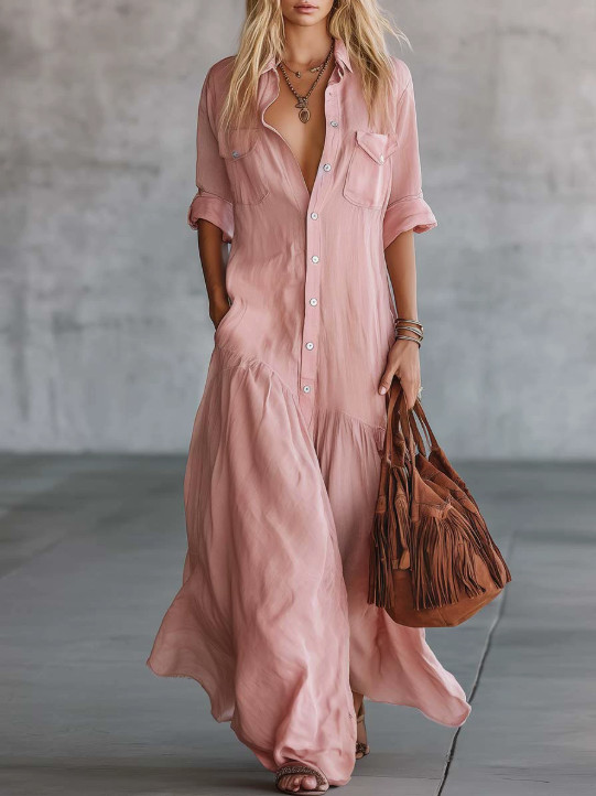 Women Boho Button Down Maxi Dress Loose Flowy Long Shirt Dress Pockets Tunic
