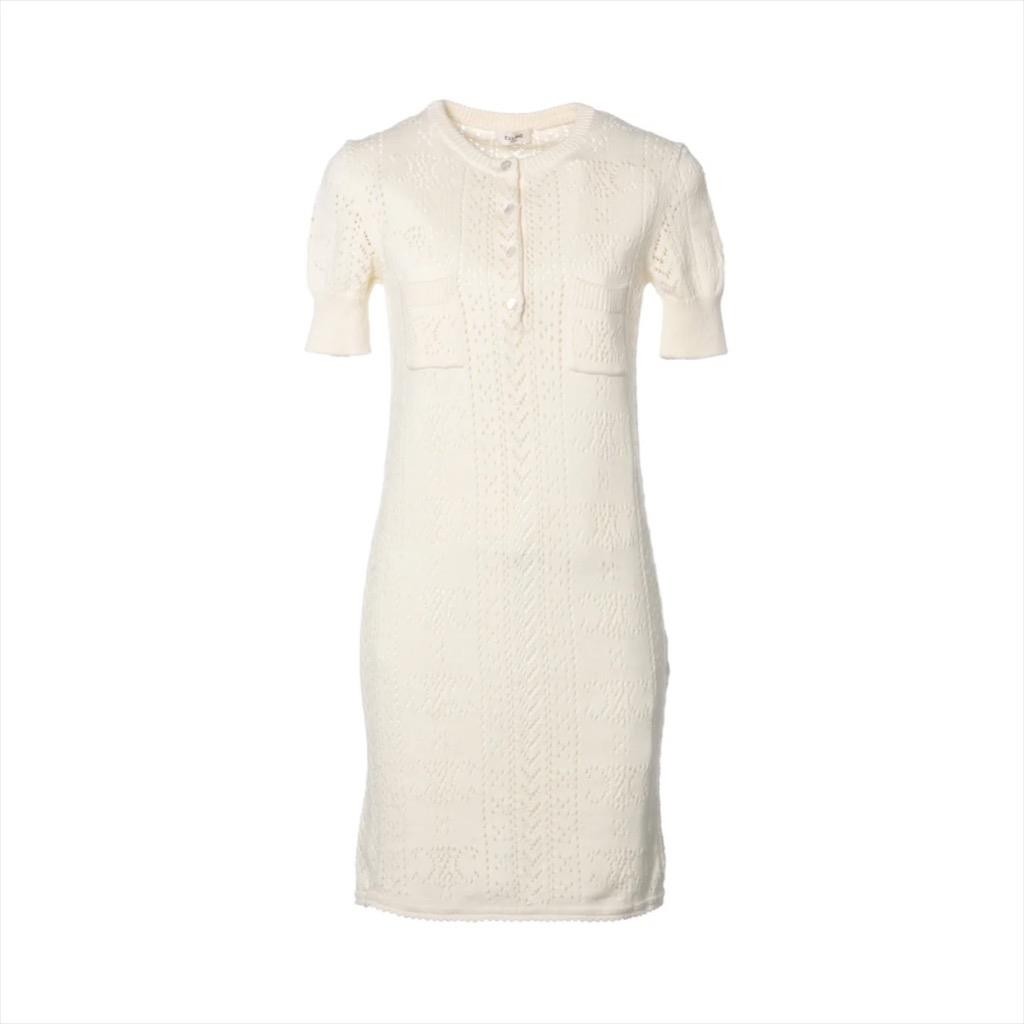 CELINE Ecru Cotton Open Pointelle/Triomphe Knit Dress Size S