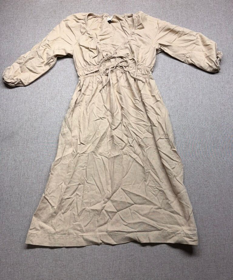 Universal Thread Beige Linen Blend Puff 3/4 Sleeve Midi Peasant Dress Small