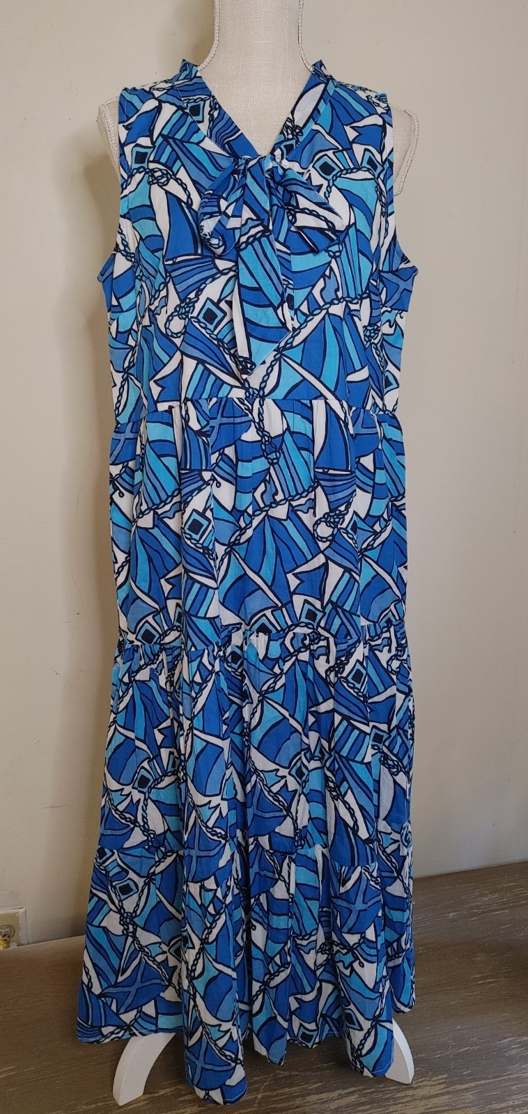 Sail to Sable Nautical Flag Maxi Dress Womens sz M Blue White Tiered STS Cotton