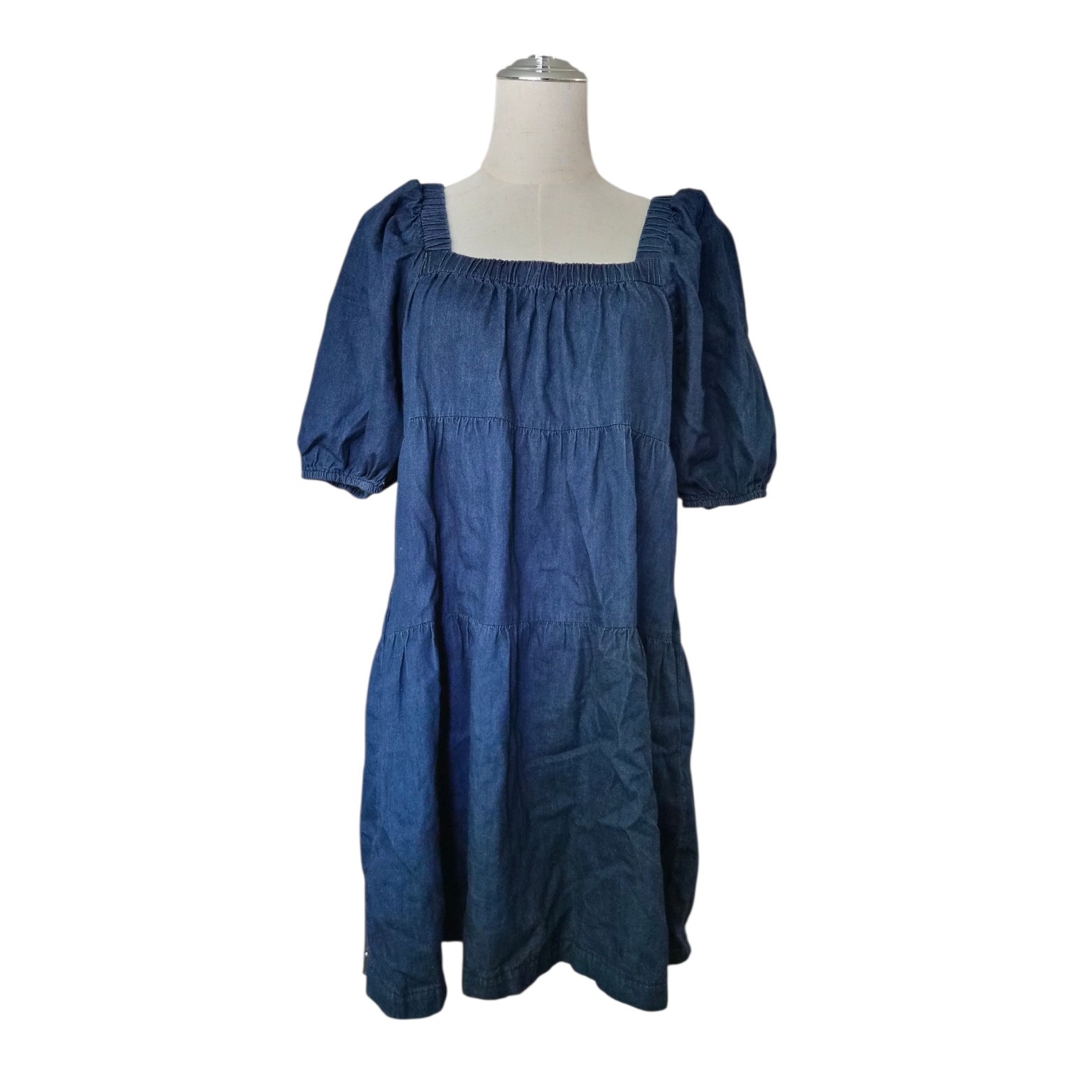 After Market Chambray Denim Puff Sleeve Babydoll Dress Cottagecore Prairie S