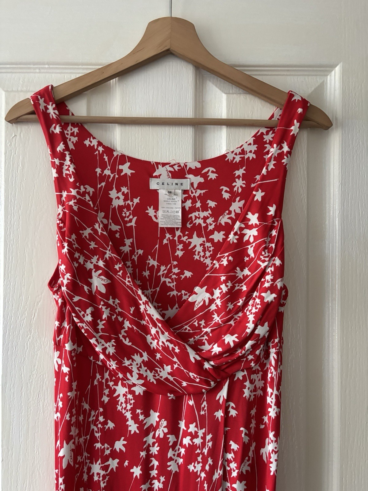 celine dress 38 red white leaf pattern stretchy midi length vintage
