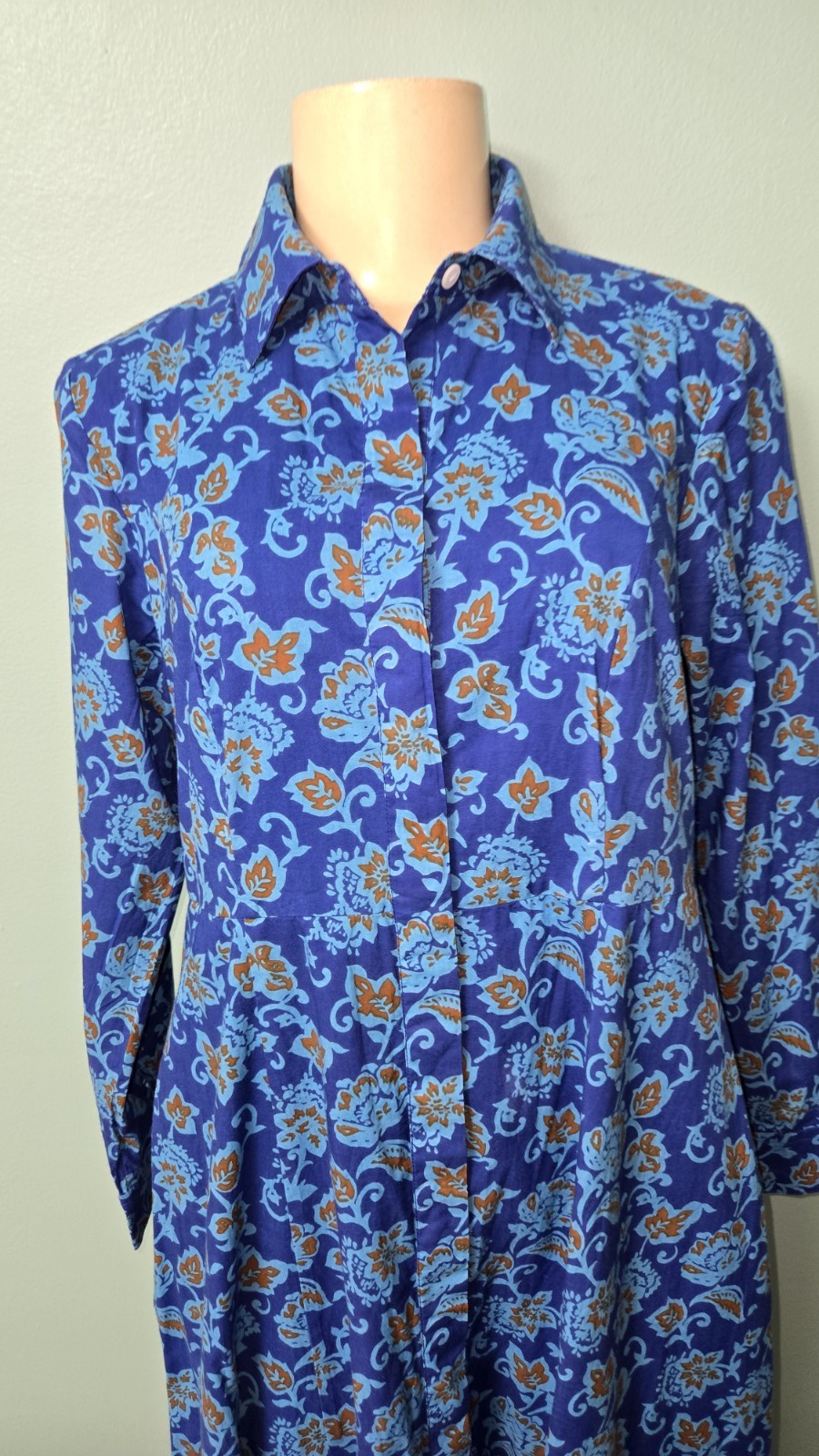 LIVRO Blue Floral Lined Classic Maxi Shirt Dress Size Small