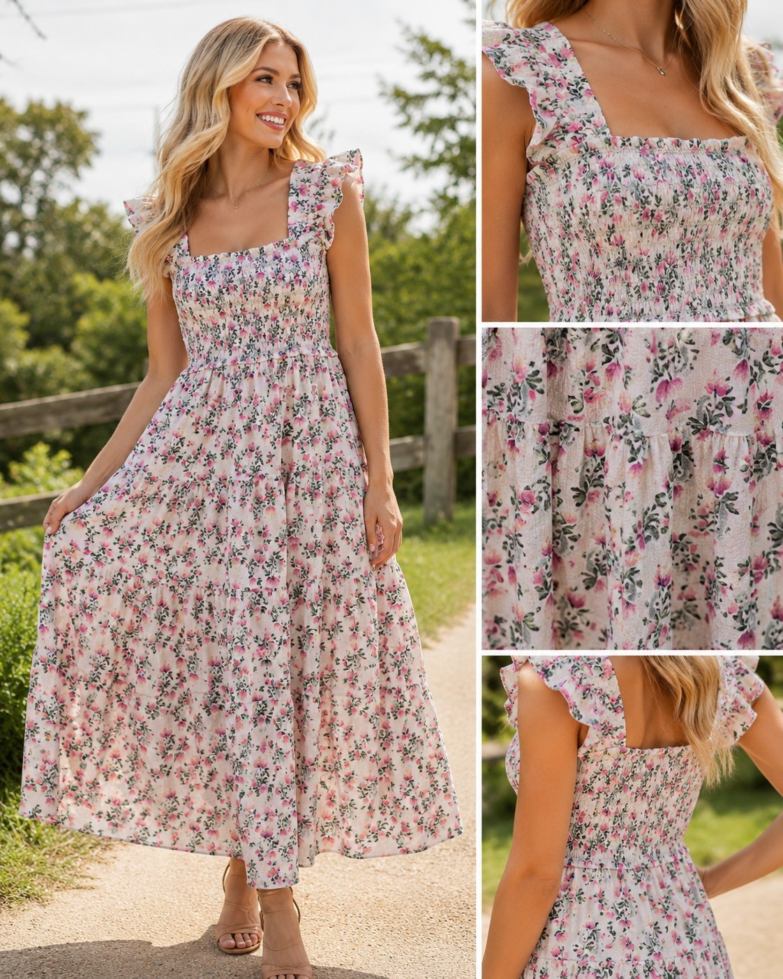 Max studio London Floral Smocked Maxi Dress Pink Green Ruffle Tiered 3X NWT