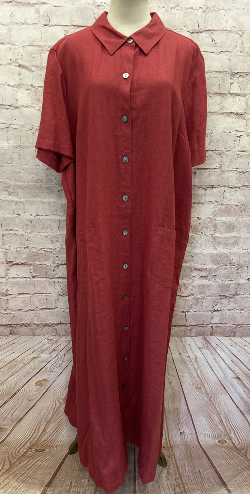 Nordstrom Womens 20W Maxi Dress 100% Linen Button Front Short Sleeve Berry Red