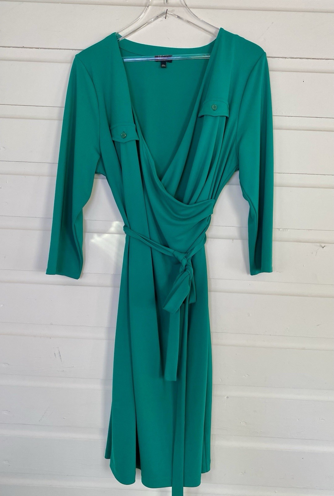 Talbots Size XLP Teal Green Stretch Jersey Knit Faux Wrap Dress 14P 16P Petite