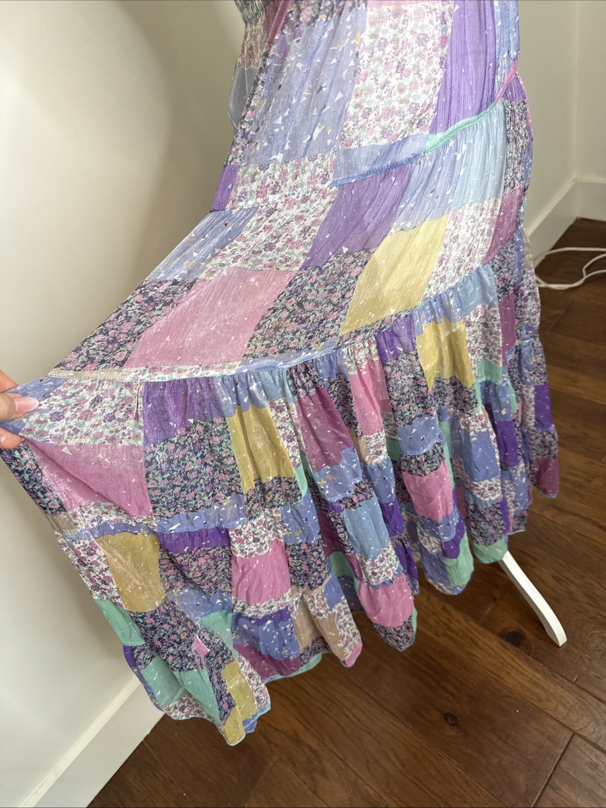 Patchwork Maxi Midi Silk Strapless Smocked Dress Coastal Grandma Cottage Boho S
