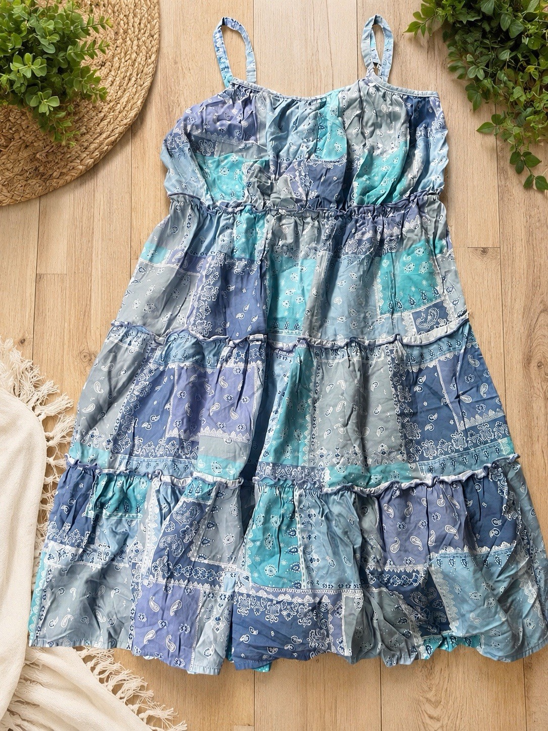 Beach Lunch Lounge Blue Paisley Patchwork Square Neck Ruffle Midi Sundress M