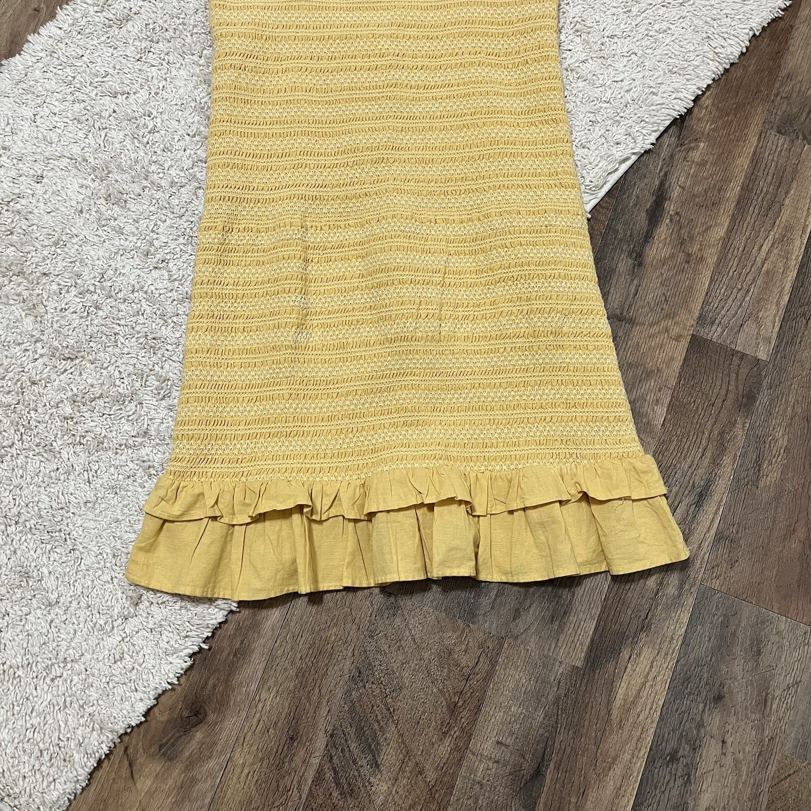 American Eagle Mustard Yellow Smocked Embroidered Ruffle Hem Mini Dress NWT