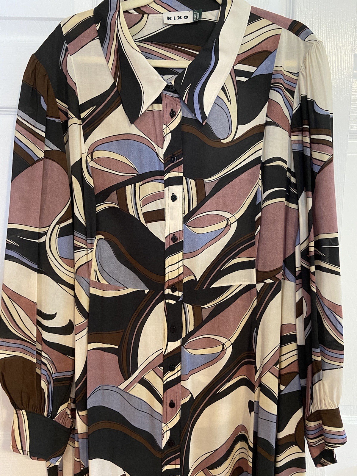 EUC 22W (6XL) Rixo Madison Maxi Shirtdress in Mauve/Blue/Brown Swirl Pattern