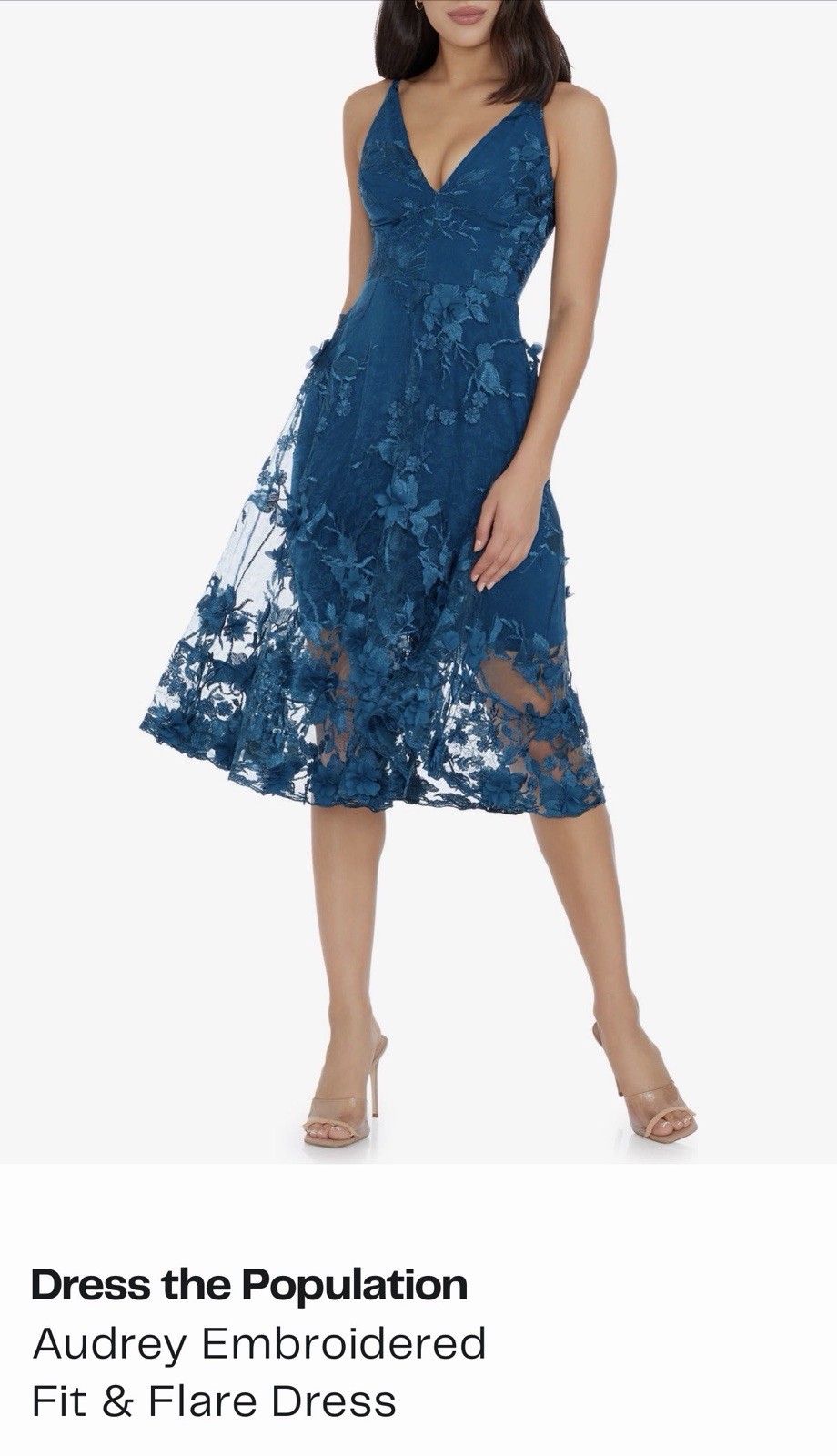 Dress the Population Audrey Embroidered Lace Fit & Flare Midi V-Neck Blue S