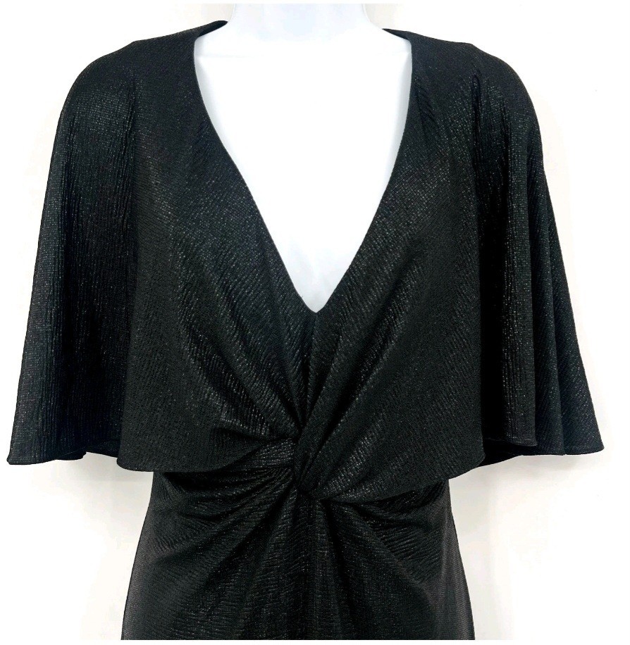 LAUREN RALPH LAUREN Twist-Front Cape Gown Size -8 Black Metallic Long Dress