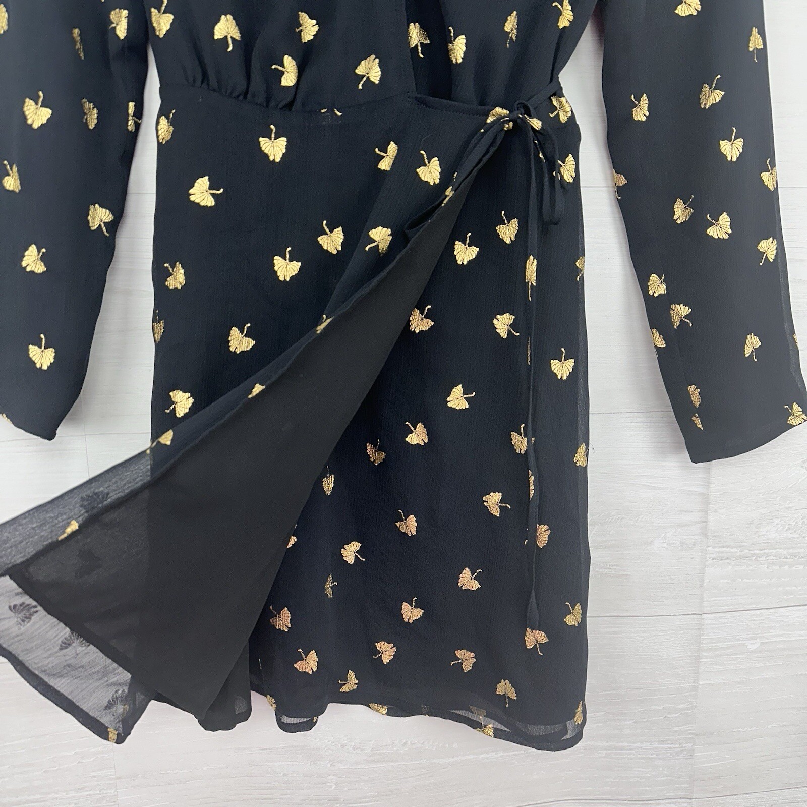 & Other Stories Mini Wrap Dress Size 0 Black Gold Leaves Long Sleeve Twee