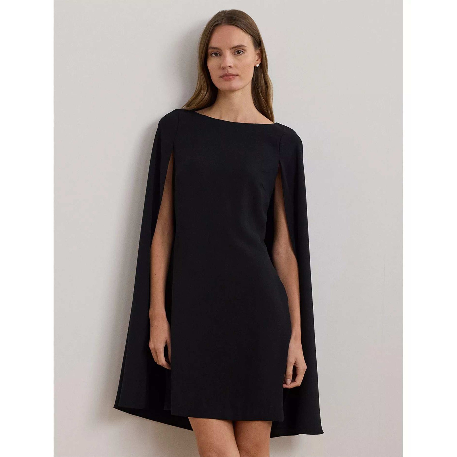 Lauren Ralph Lauren Cape Dress Crepe Women Size 8 Black Boat Neck Shift Mini