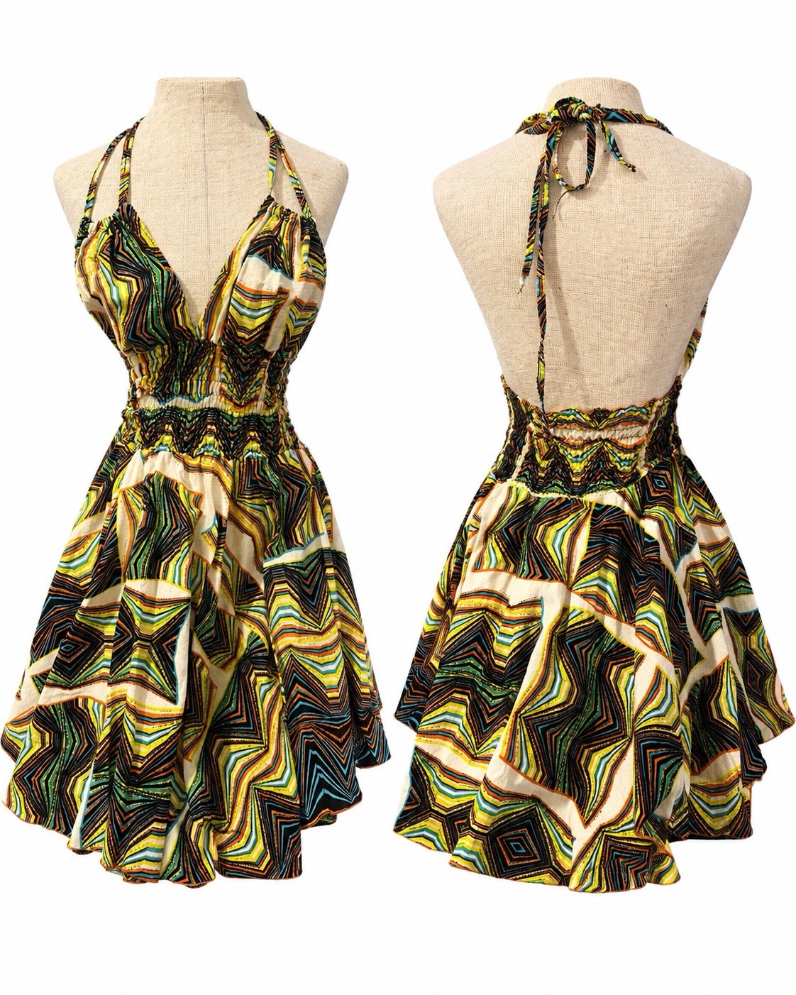 Geometric Halter Backless Fit & Flare Smocked Short Dress Multicolor S