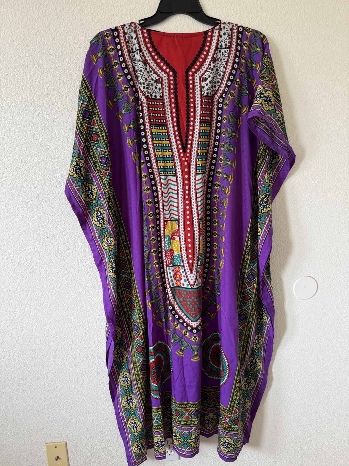 Sante Classics OS Purple Multicolor Kaftan V Neck Boho Print Dress