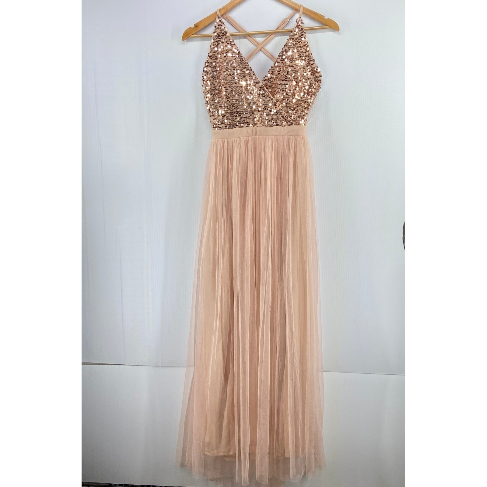 Cupshe Peach Pink Rose Gold Sequined Tulle Evening Dress Gown Womens Large NWT