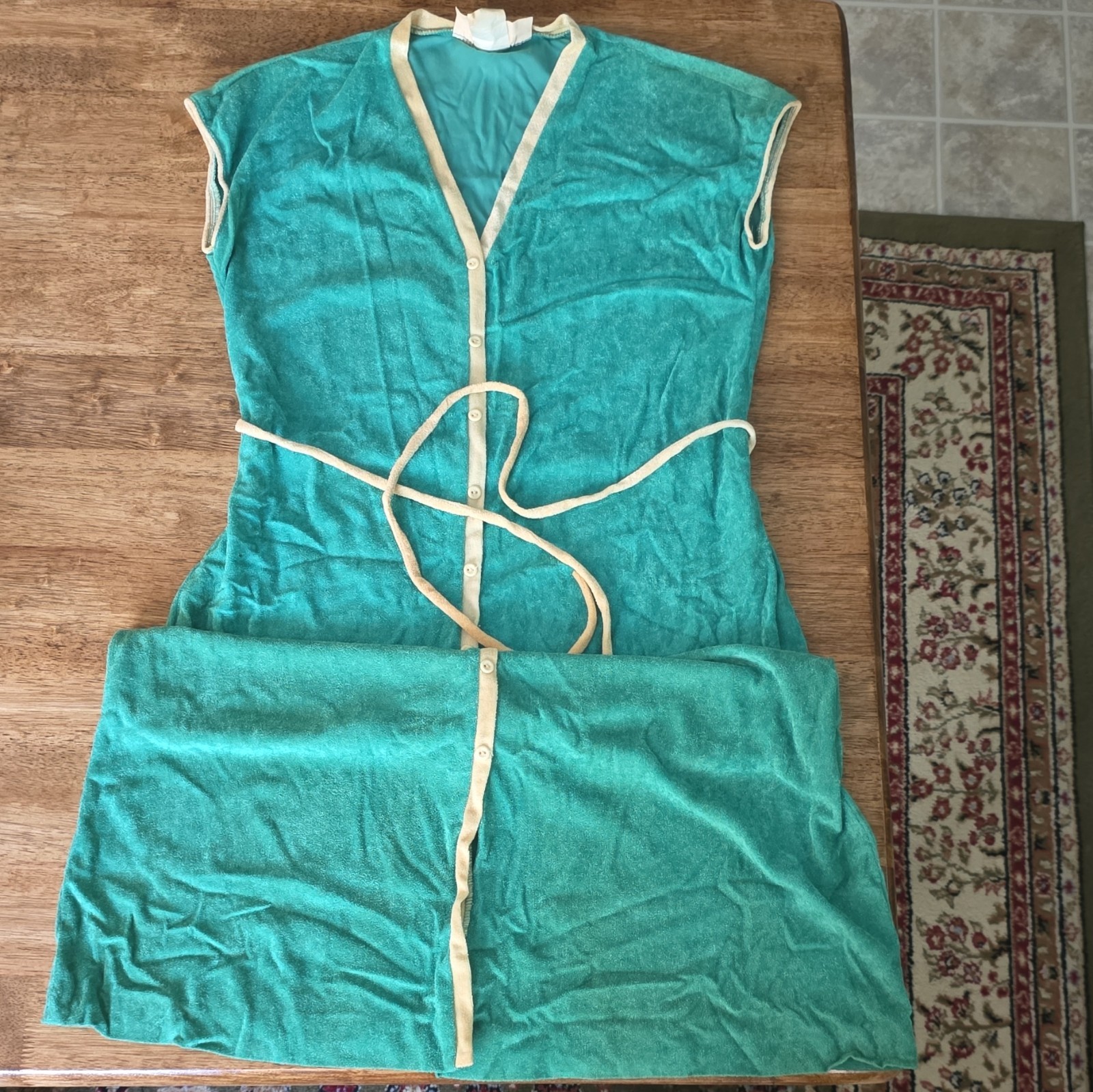New Raves Teal Terry Cloth Button Front Belted V-Neck Long A-Line House Dress 7