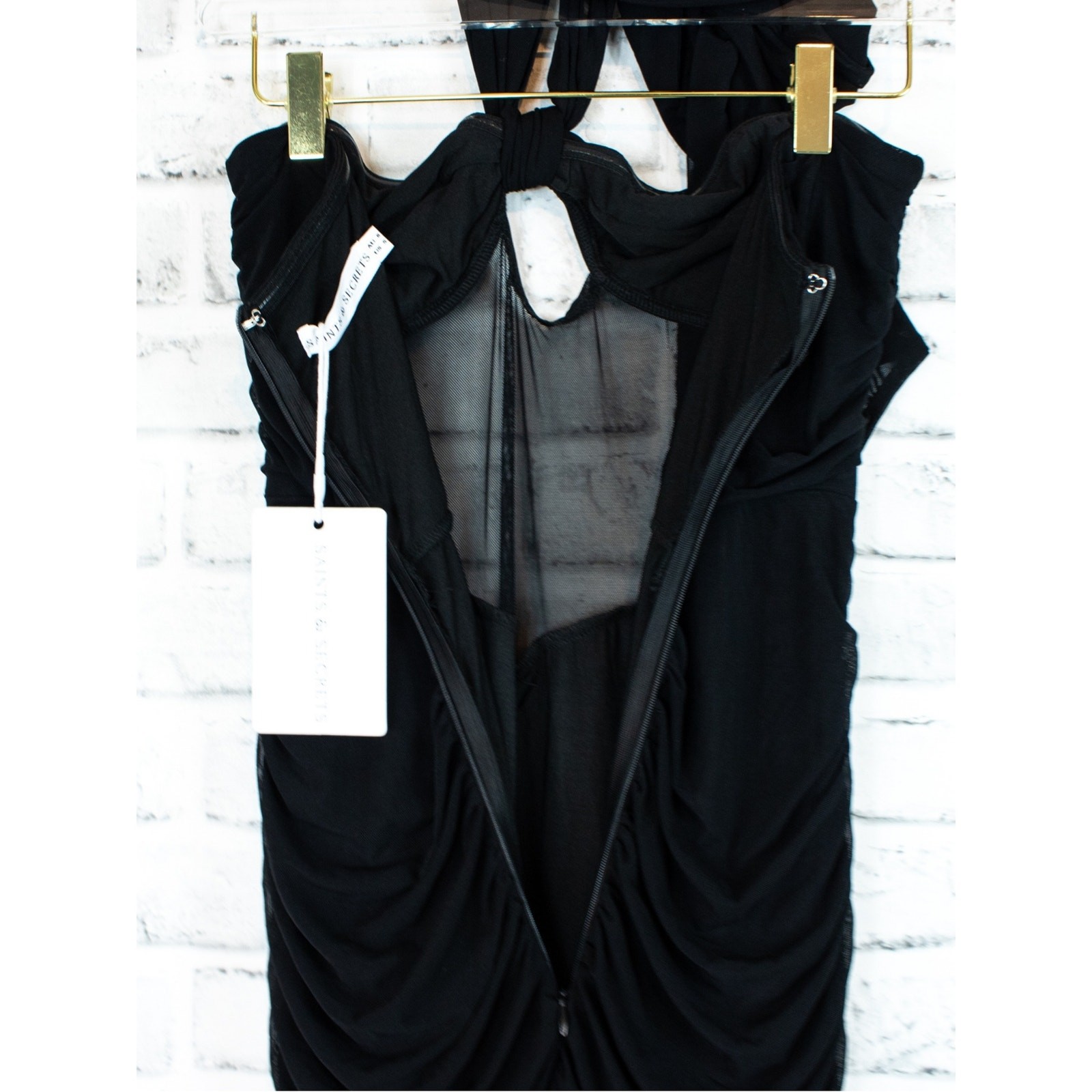 Saints & Secrets Black Mesh Halter Maxi Dress Size Small Evening Gown Fitted