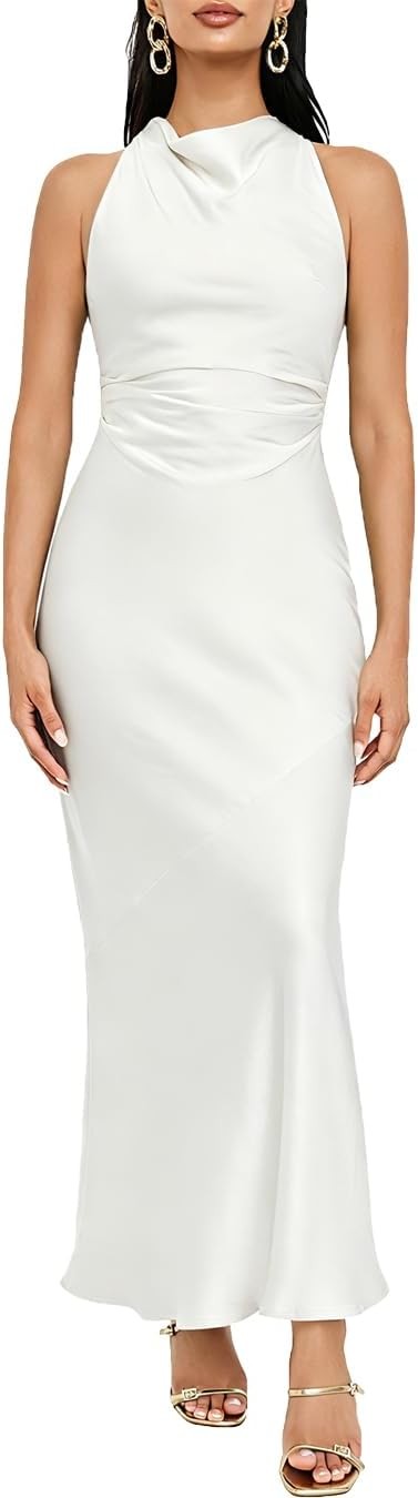 Satin High Neck Backless Maxi Dresses for Women Summer Silk Elegant Ruched Waist