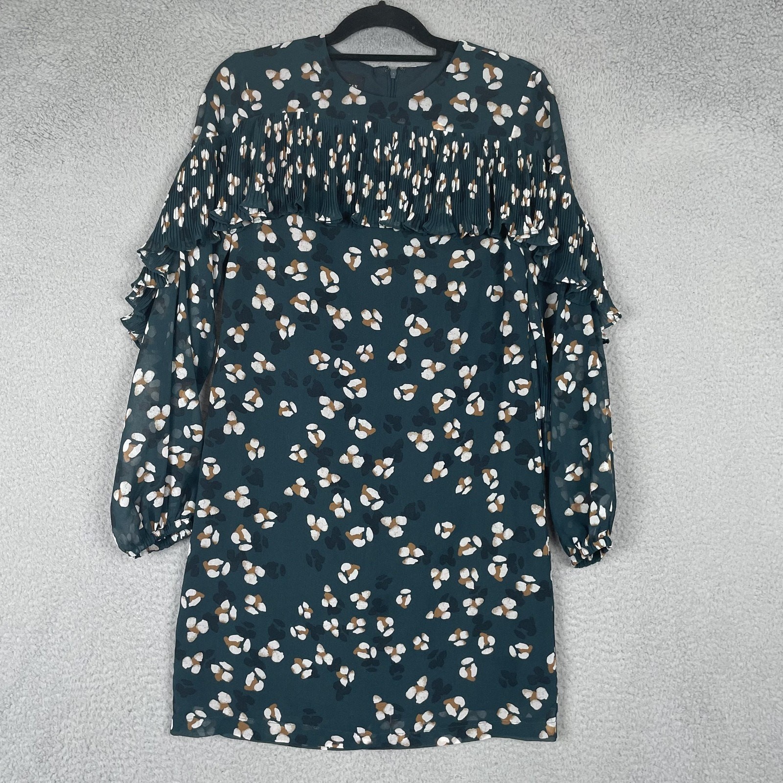 Donna Morgan Dress Womens 2 Green Floral Long Sleeve Pleated Ruffle Shift Chic