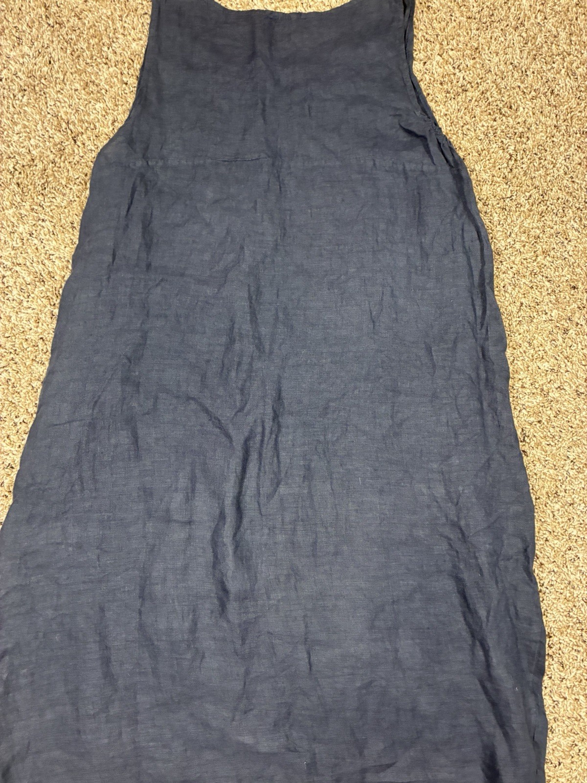 100% Lino Linen Lagenlook Sleeveless Midi Dress Navy Blue Pockets Sz 36 US 8