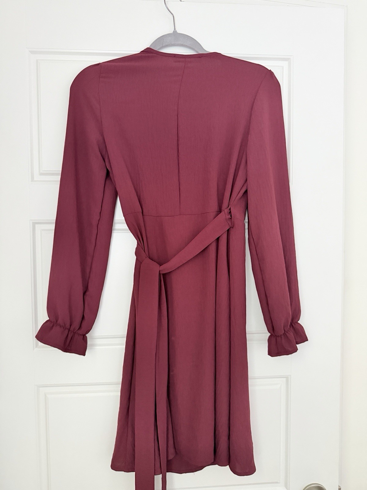 SHEIN Burgundy Solid Wrap Dress V-Neck Long Sleeve Tie Waist Short, Size S
