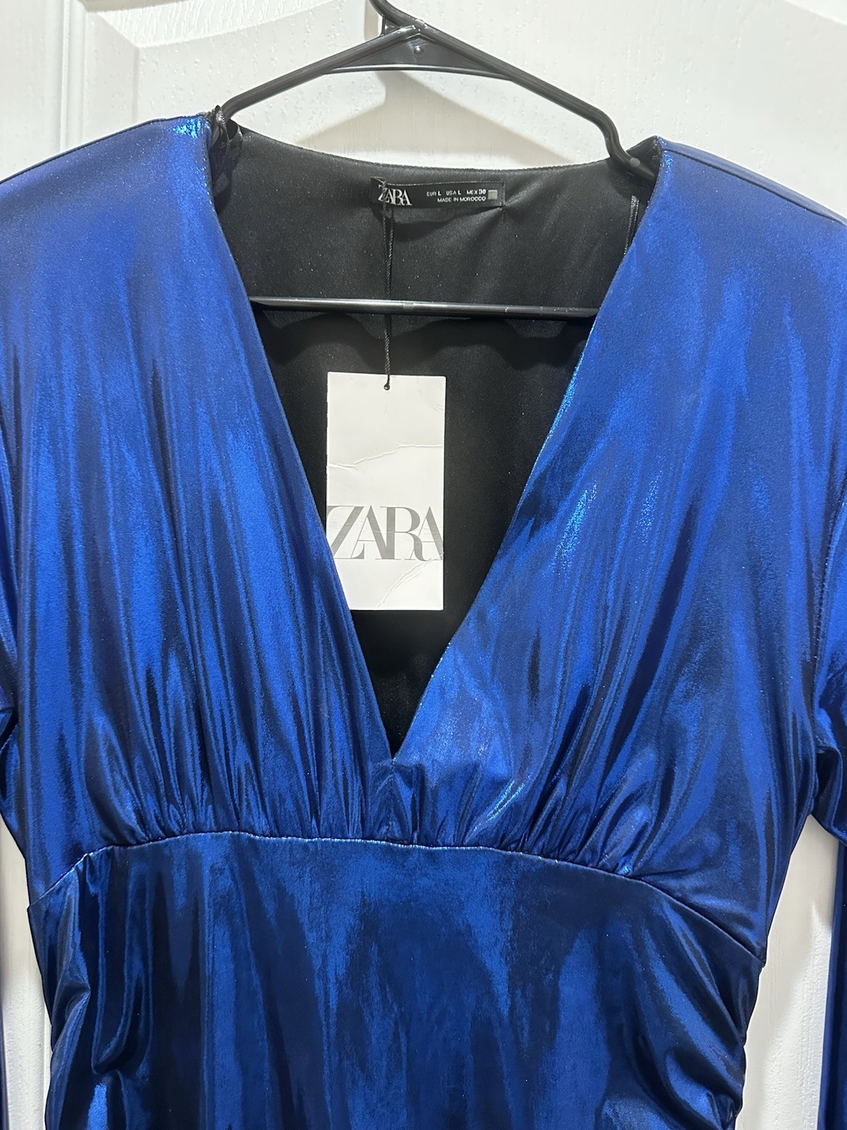 ZARA Draped Laminated Mini Dress Metallic Blue Ruched V Neck NWT Size L