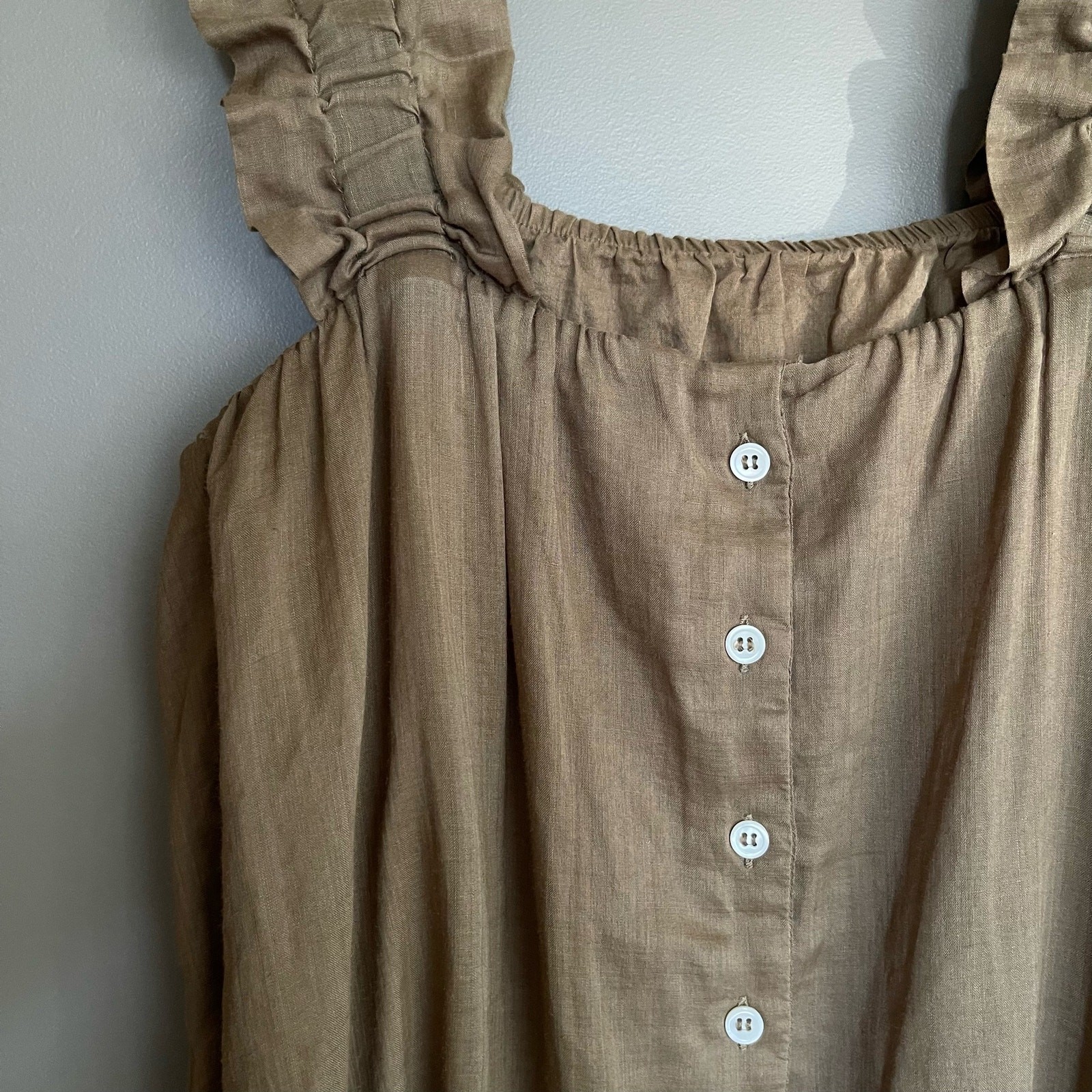 Frame Ruffle Strap Button Back Dress in Moss Size Small Khaki Green Ramie Chic