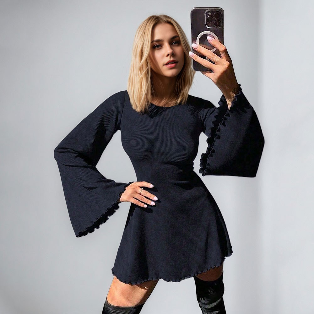 Women’s Elegant Solid A-Line Short Dress with Bell Sleeves and Backless Detail