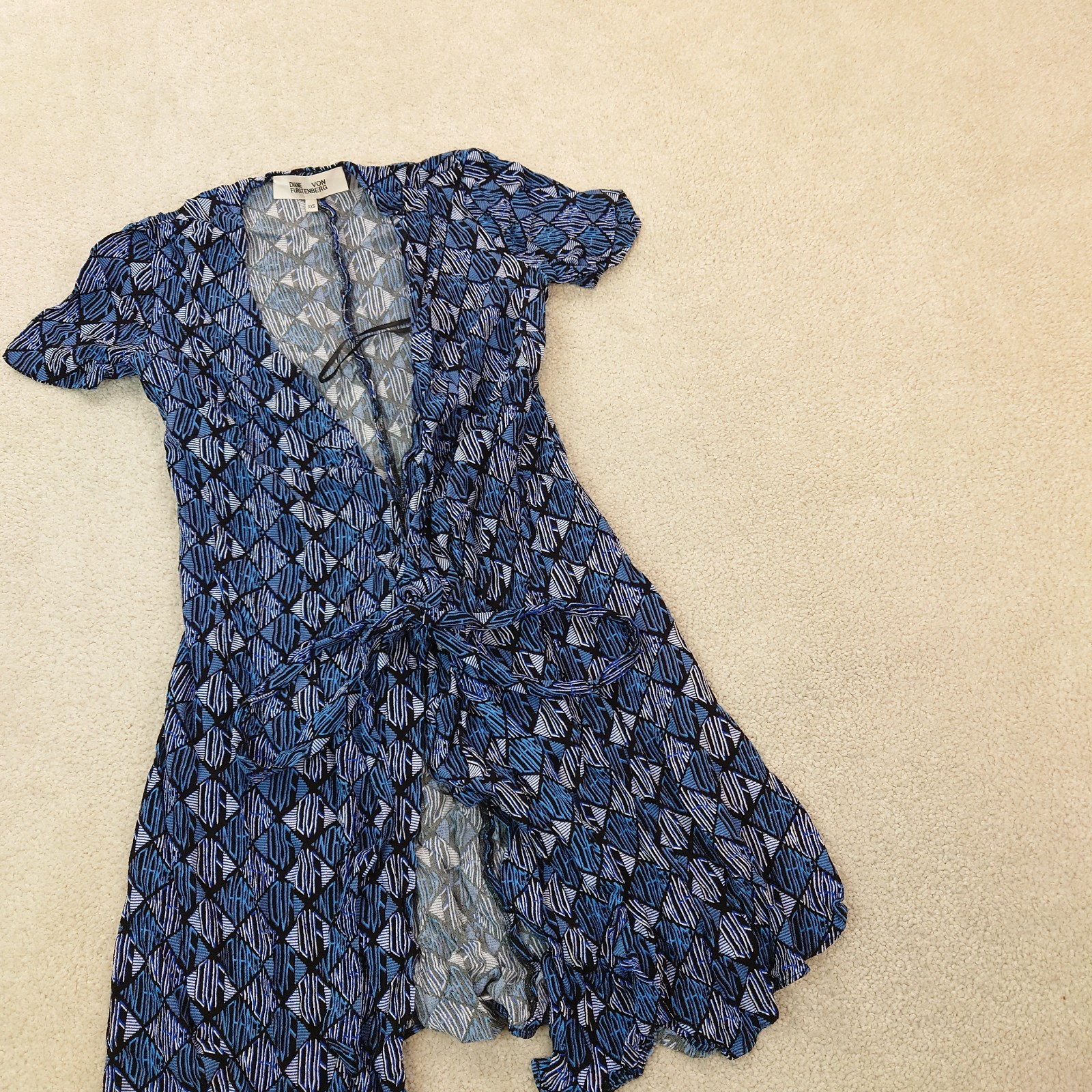 Diane Von Furstenberg Blue Logo DVF Monogram Geometric Diamond Wrap Dress XXS
